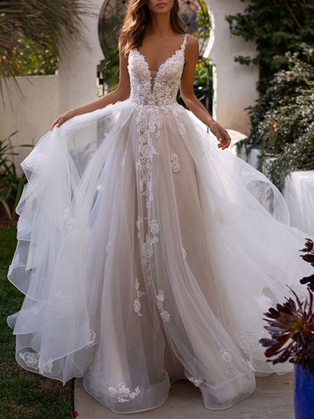 Milanoo Wedding Dresses A Line V Neck Sleeveless Lace Appliqued Bridal Gowns With Train