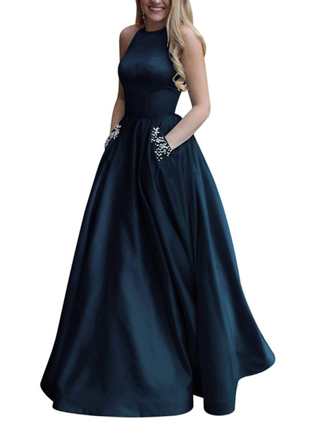 Milanoo Prom Dress Satin Fabric Halter A Line Sleeveless Beaded Floor Length Party Dresses