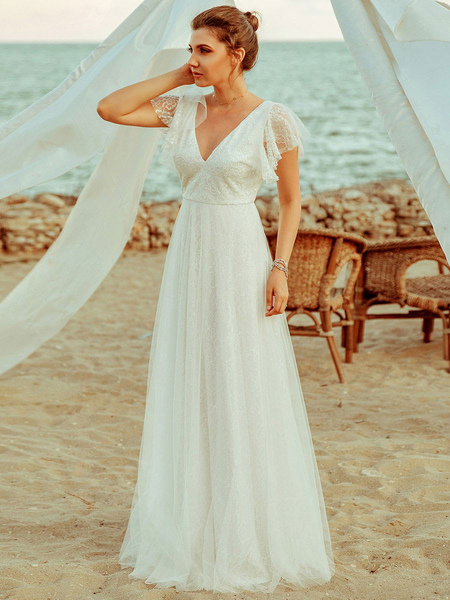 Milanoo Simple Wedding Dress 2021 A Lne V Neck Short Sleeve Floor Length Tulle Beach Wedding Party D