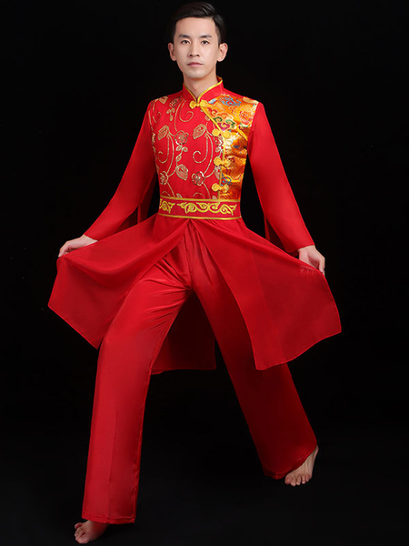 Milanoo Men Chinese Costumes Red Dragon Dance Outfit Kung Fu Carnival Costumes