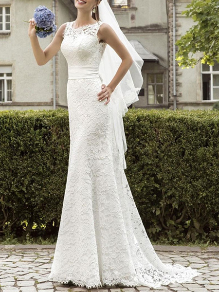 Milanoo Simple Wedding Dress Lace Jewel Neck Sleeveless Sash Mermaid Bridal Dresses With Train