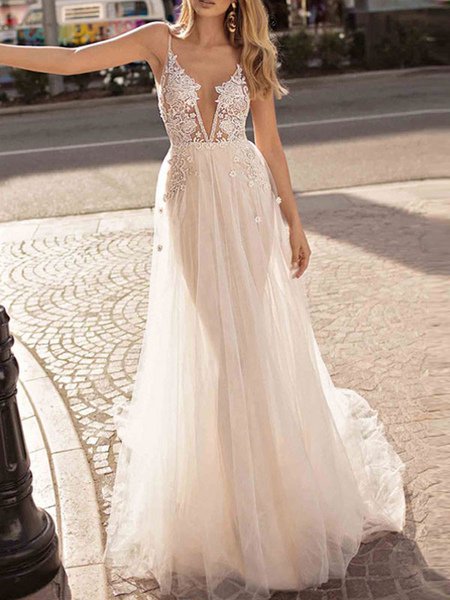 Milanoo Boho Wedding Dress 2021 A Line V Neck Straps Sleeveless Tulle Beach Bridal Gowns