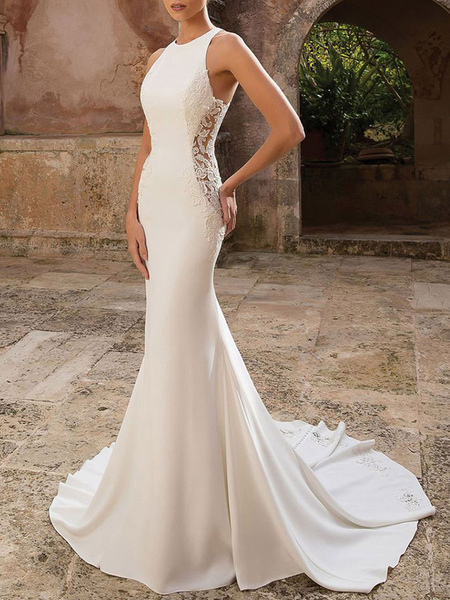 Milanoo Simple Wedding Dress Lycra Spandex Jewel Neck Sleeveless Lace Mermaid Bridal Dresses