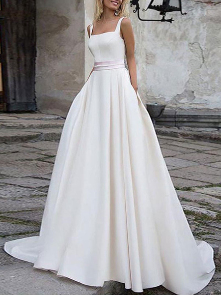 Milanoo Simple Wedding Dress Satin Fabric Square Neck Sleeveless Sash A Line Bridal Gowns
