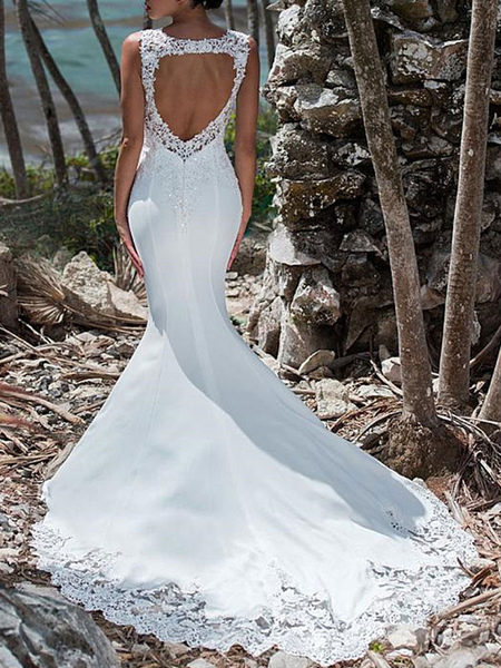Milanoo Wedding Dress 2021 Mermaid Lace Jewel Neck Sleeveless Back Hollow Out Bridal Gowns With Trai