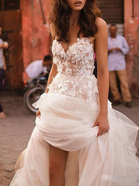 Milanoo Wedding Dresses 2021 A Line Sleeveless Floor Length Beaded Sweetheart Neck Bridal Gowns