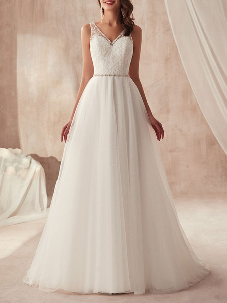 Milanoo Simple Wedding Dress A Line V Neck Sleeveless Tulle Floor Length Sash Bridal Gowns