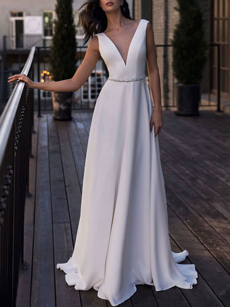 Milanoo Simple Wedding Dress Satin Fabric V Neck Sleeveless Sash A Line Floor Length Bridal Gowns
