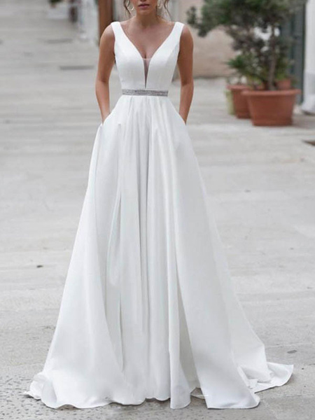 Milanoo Simple Wedding Dress A Line V Neck Sleeveless Sash Floor Length Bridal Dresses With Train