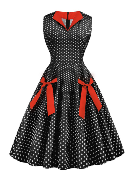 Image of Polka Dot Vintage Dress 1950s Bows Sleeveless Woman Rockabilly Dress