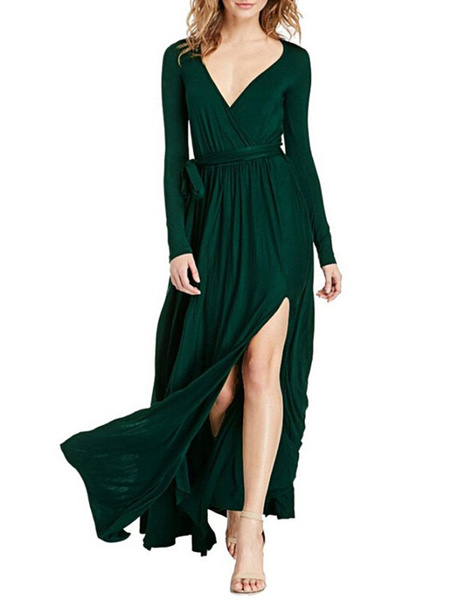 Image of Black Maxi Dresses Long Sleeves V Neck Split Sexy Dress