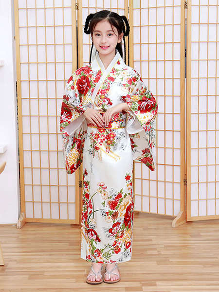 Image of Carnevale Costumi giapponesi Kimono da bambino Abito in poliestere bianco Set da donna orientale Costumi festivi Halloween