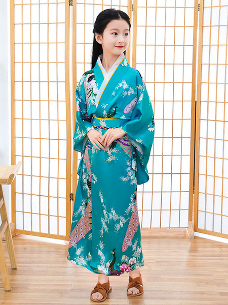 Image of Carnevale Costumi giapponesi Kimono da bambino Abito in poliestere blu ciano Set costumi da donna orientali per le feste Halloween