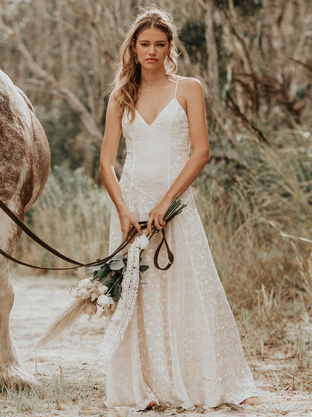 Milanoo Simple Wedding Dress 2021 V Neck Straps Sleeveless Floor Length Boho Bridal Gown