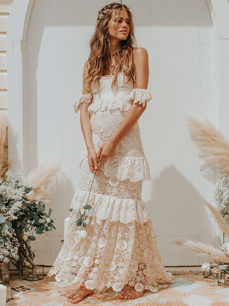 Milanoo Boho Wedding Dress 2021 Off The Shoulder Floor Length Multilayer Lace Bridal Gowns