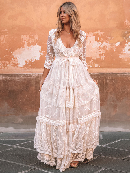 Milanoo Boho Wedding Dress Suit 2021 V Neck Floor Length Lace Multilayer Bridal Gown Dress And Outfi