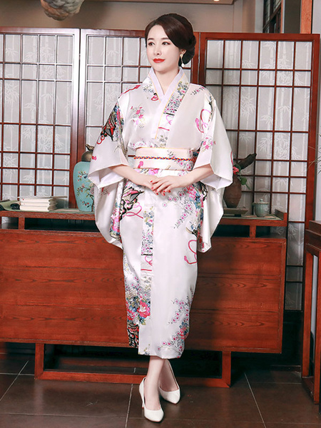Image of Carnevale Costumi giapponesi per adulti Kimono rosa chiaro Abito in raso di poliestere Set di costumi orientali per le feste Halloween