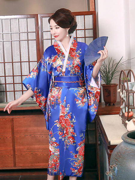 Image of Carnevale Costumi giapponesi per adulti Kimono blu Abito in raso di poliestere Costumi orientali per le vacanze Halloween