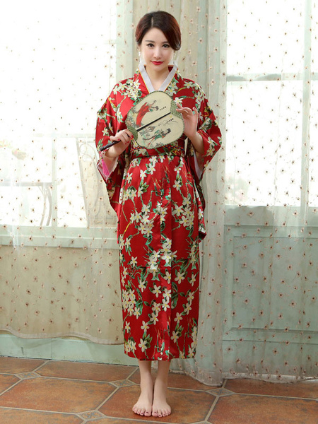 Image of Carnevale Costumi giapponesi per adulti Kimono rosso Abito in raso di poliestere Costumi orientali per le vacanze Halloween