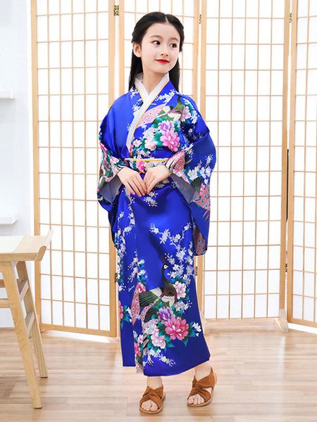 Milanoo Asian Costume Kimono Blue Set Kid\'s Women\'s Holidays Costumes