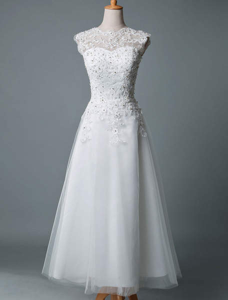 Milanoo Vintage Wedding Dress Tea Length Jewel Neck Sleeveless A Line Natural Waist Tulle Short Brid