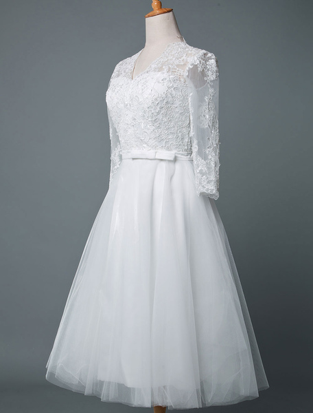 Milanoo Vintage Brautkleid knielangen V-Ausschnitt mit halben Ärmeln A-Linie natürliche Taille Tüll