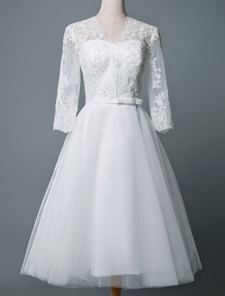 Milanoo Vintage Brautkleid knielangen V-Ausschnitt mit halben Ärmeln A-Linie natürliche Taille Tüll
