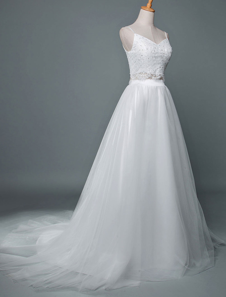 Milanoo Hochzeitskleid mit V-Ausschnitt ärmellose Perlen Kapelle Zug zwei Stücke Brautkleider