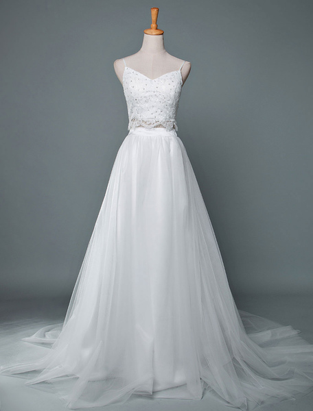 Milanoo Hochzeitskleid mit V-Ausschnitt ärmellose Perlen Kapelle Zug zwei Stücke Brautkleider