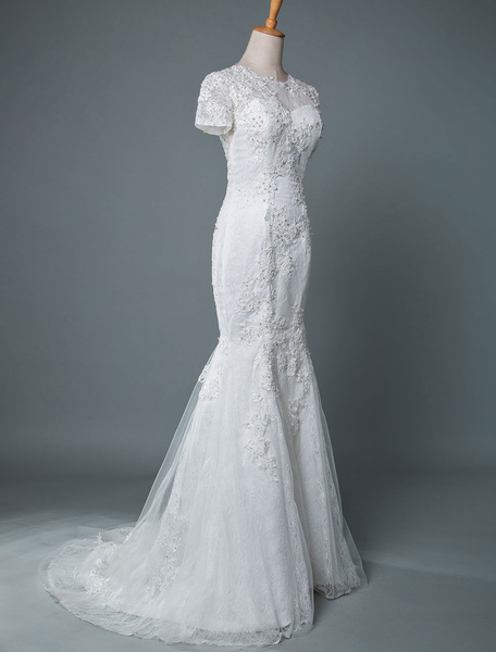 Milanoo Hochzeitskleid Meerjungfrau mit kurzen Ärmeln Spitze Jewel Neck Brautkleider mit Zug