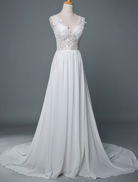 Milanoo Wedding Dress V Neck Sleeveless Lace A Line Floor Length Chiffon Bridal Gowns With Train
