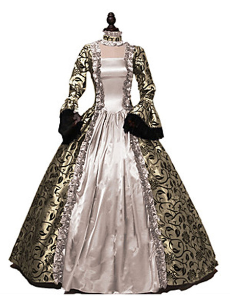 Milanoo Victorian Dress Costumes Blond Print Lace Ruffle Trumpet Long Sleeves Square Neckline With C