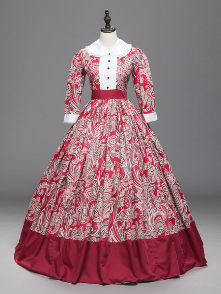 Milanoo Victorian Dress Costumes Red Floral Print Lace Trim half Sleeves Marie Antoinette Costume Dr