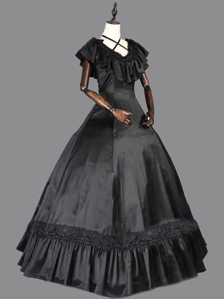 Milanoo Black Retro Costumes Women's Vintage Dress Ruffle Sateen Ball Gown Dress