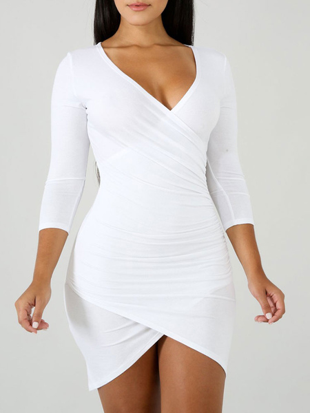 Milanoo Bodycon Dresses White V Neck Ruffles Casual Long Sleeves Pencil Dress