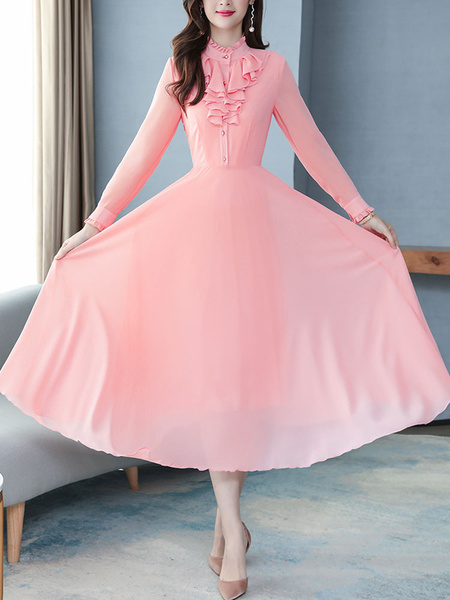 Image of Maxi Dresses 3/4 Length Sleeves Pink Stand Collar Ruffles Maxi Layered Chiffon Floor Length Dress