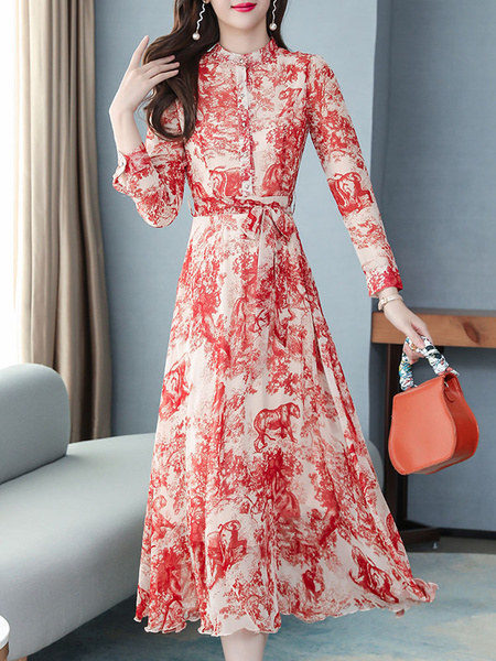 Image of Maxi Dresses Long Sleeves Red Printed Turndown Collar Buttons Maxi Layered Chiffon Floor Length Dress