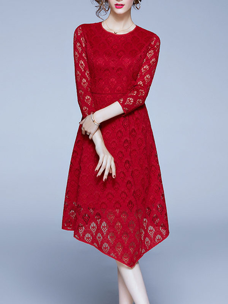 Image of Lace Dresses Red Crewneck 3/4 Length Sleeves High Low Design Cut Out Casual Dresses