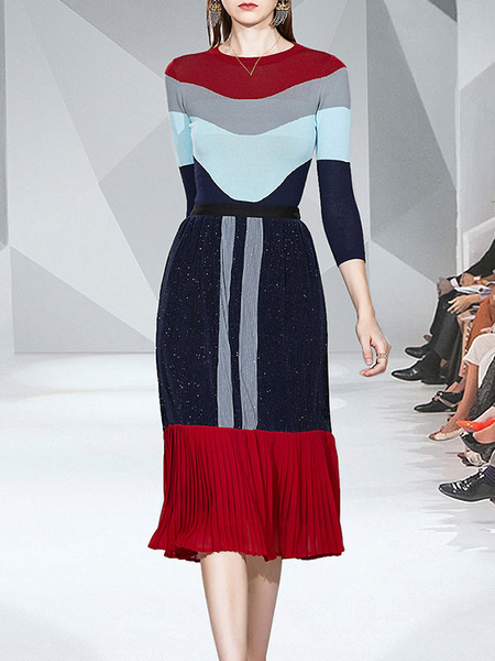 Image of Maxi Dresses 3/4 Length Sleeves Blue Color Block Jewel Neck Acrylic Long Dress
