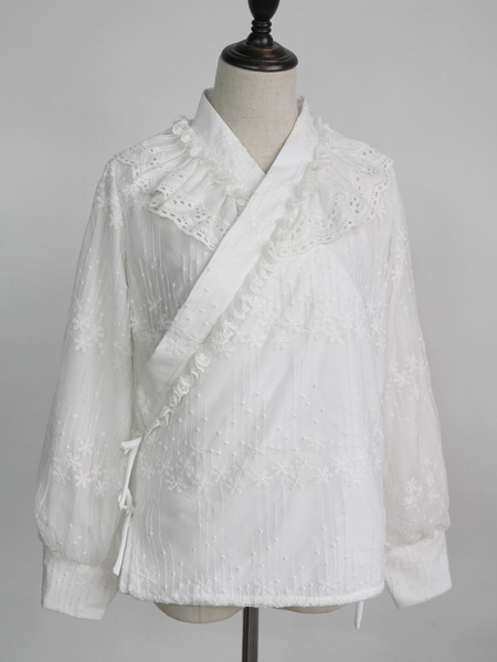 Milanoo Wa Lolita Blouses Lace Jacquard Lolita Top White Lolita Shirt