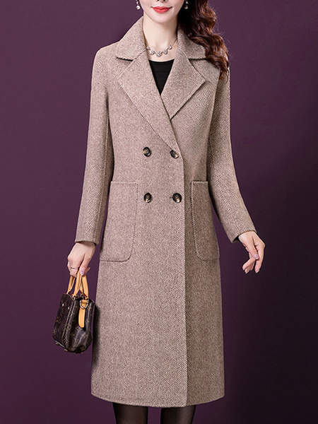 Image of Capispalla per donna Cammello scollo a V maniche lunghe bottoni a strati cappotto invernale classico