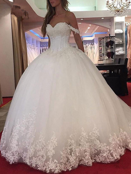 Milanoo Wedding Dress Princess Silhouette Sweetheart Neck Sleeveless Natural Waist Applique Tulle Br