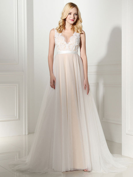 Milanoo Einfache Hochzeitskleid Tüll Jewel Neck Sleeveless Pearls A Line Brautkleider