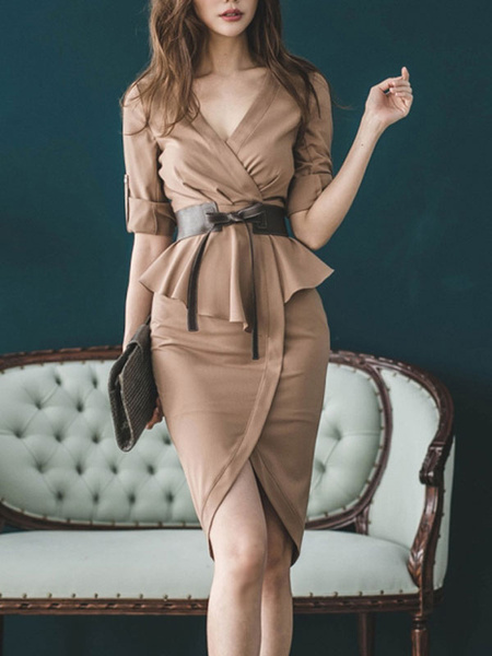 Image of Bodycon Dresses Khaki Short Sleeves Lace Up Sexy V Neck Stretch Slim Fit Dress Sheath Dress