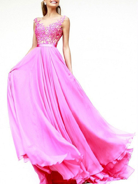 Image of Maxi Dresses Sleeveless Peach U Neck Lace Maxi Stretch Lace Floor Length Dress