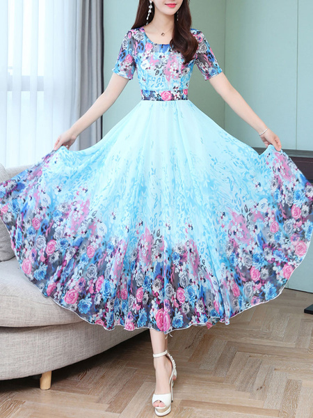 Image of Maxi Dresses Short Sleeves Blue Printed U-Neck Maxi High Low Design Chiffon Long Dress