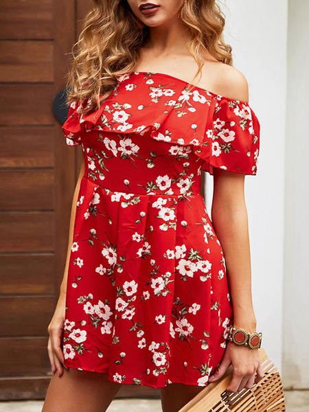 Image of Red Bateau Neck Short Sleeves Straight Summer Playsuit