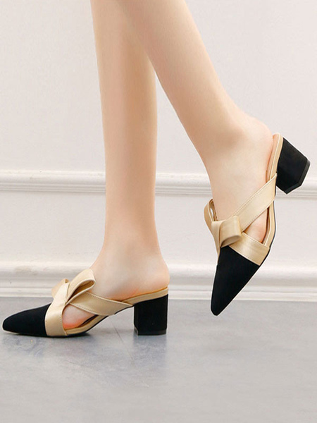 Image of Women's Mules Block Heel Pointed Toe Color Block Slip-On Shoes With Bow
