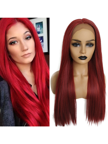 Image of Long Wig For Woman Dark Red Straight Rayon Chic Long Synthetic Wigs