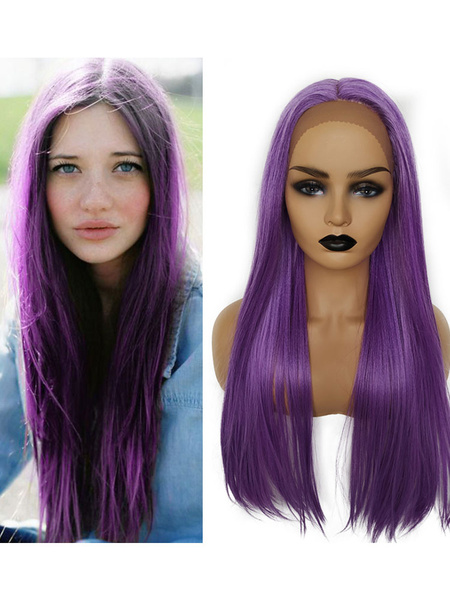 Image of Women Long Wig Violet Straight Rayon Feminine Long Synthetic Wigs